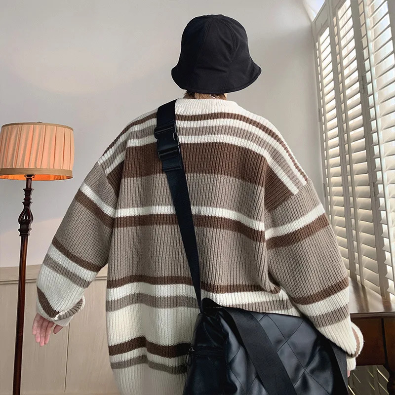 Men's Sweaters Striped Contrast Color Sweater Boys Ins Fashion Casual Retro Couple Sweater Unisex Style Round Neck Jacket Warm Sweater 231026
