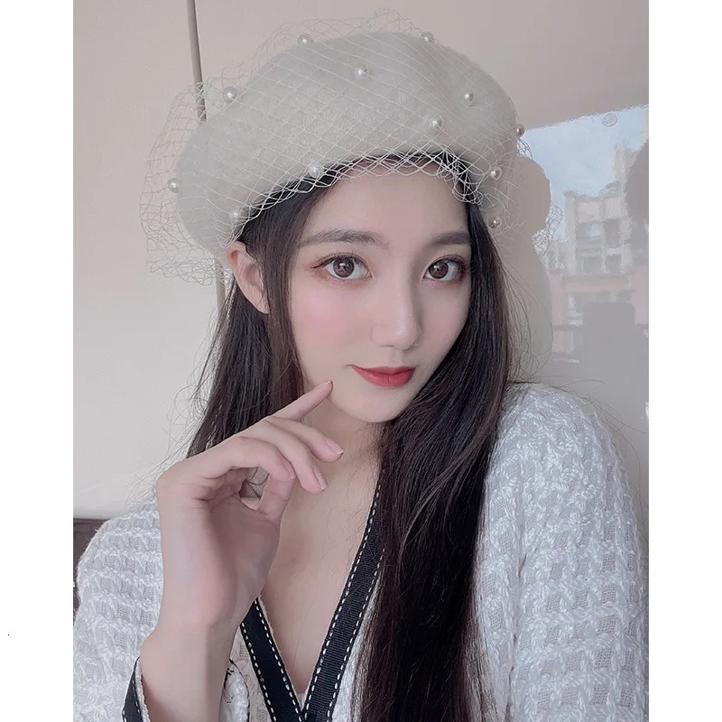 Berets Elegant Women Mesh Veil Wool Beret Vintage French Painter Hat Autumn Winter Female Beanie Pumpkin Lady Warm Walking Berets Caps 231027