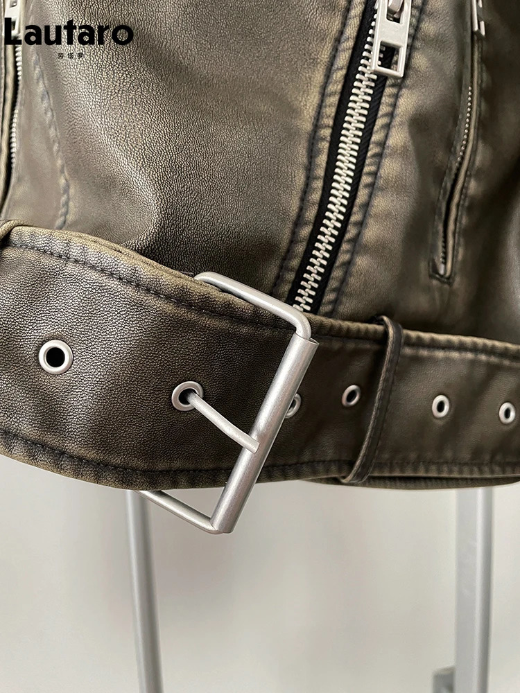 Women's Leather Faux Leather Lautaro Spring Autumn Cool Short Loose Pu Leather Biker Jacket Women Zipper Blet Retro Female European Fashion Stree
