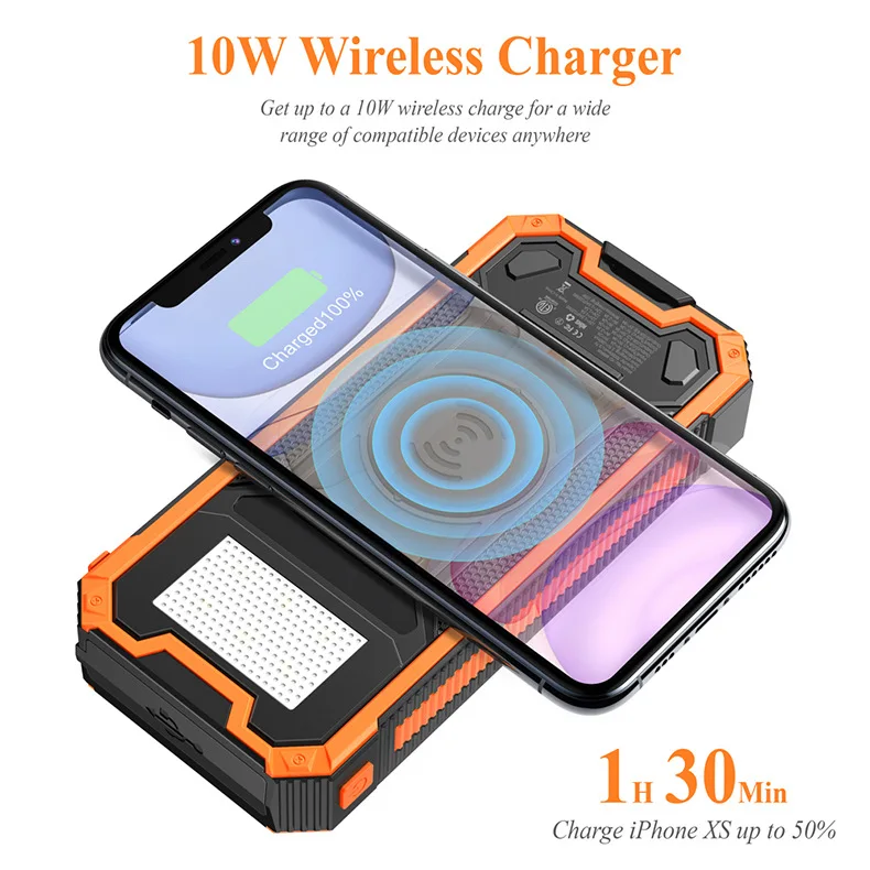 Waterproof Outdoor Solar Power Bank 30000mah Wireless Powerbank With Flashlight Portable Fast Charging External Battery Pack