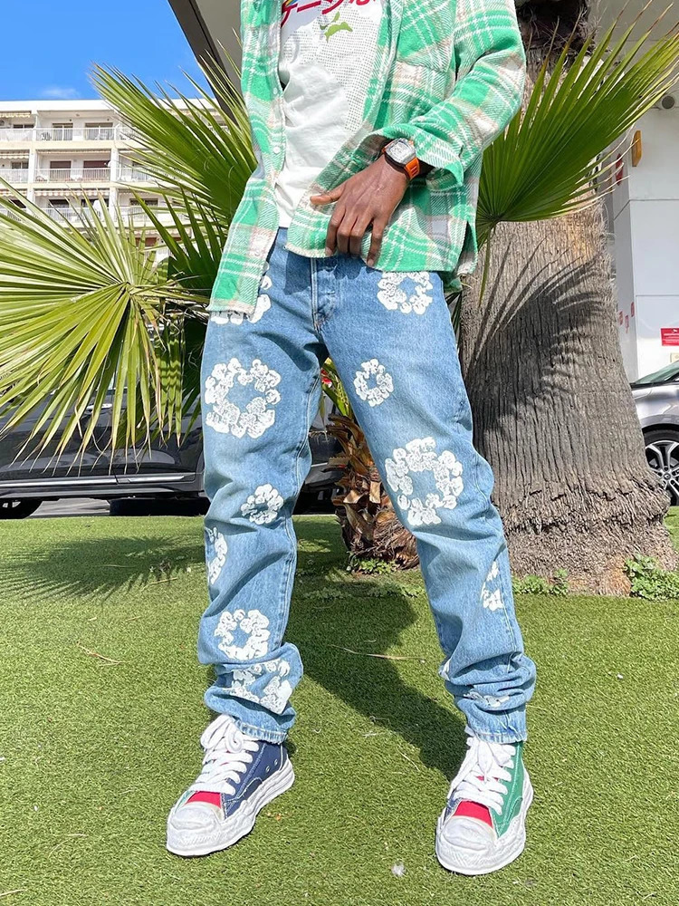 Men's Jeans Arrival Loose Straight Comfy Cotton Denim Pants Trousers Y2K Clothes Streetwear Casual Fashion Flowers Printed Jeans For Men 231026