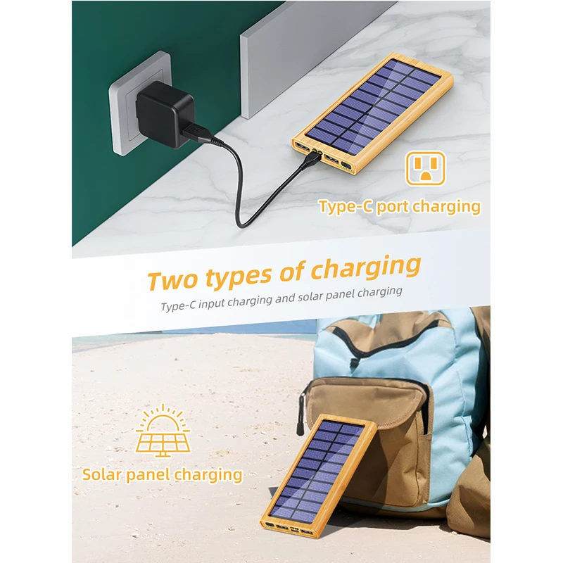 20000mah Solar Power Bank Dual USB Output Portable Charger Fast Charging wooden Powerbank With LED Light For iPhone Xiaomi