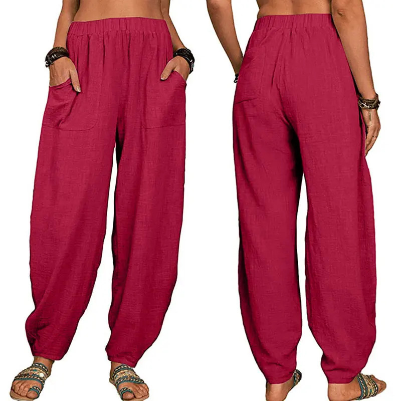 Women's Pants Capris Women Harem Pants Summer Casual Vintage Cotton Linen Pants Elastic Waist Wide Leg Fashion Loose Pockets Female Trousers S-5X