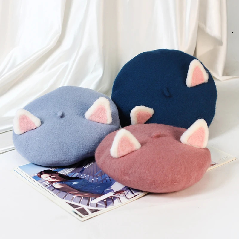 Berets VISROVER Cute Adult Cat Ear 100% Wool Beret Solid Autumn Hat Winter Cap Spring Punk Beret Hat Rabbit Beret Wholesale 231027