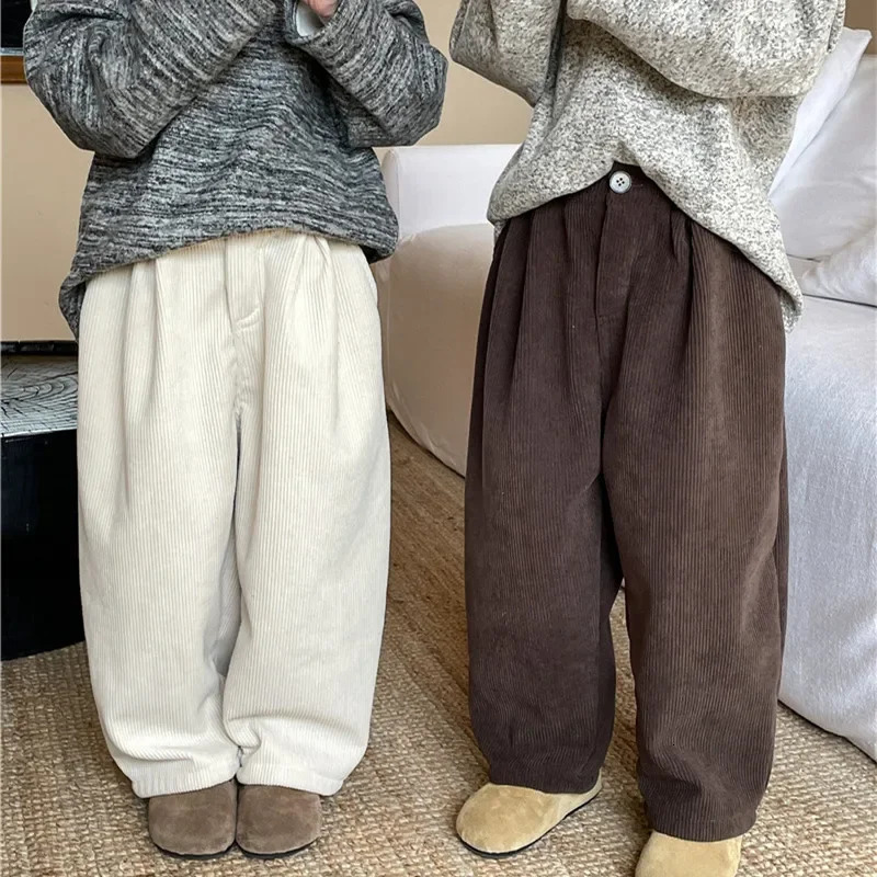 Trousers Winter Kids Pants solid color warm corduroy straight trousers Boys Girls fleece lining thicken casual pants 231026