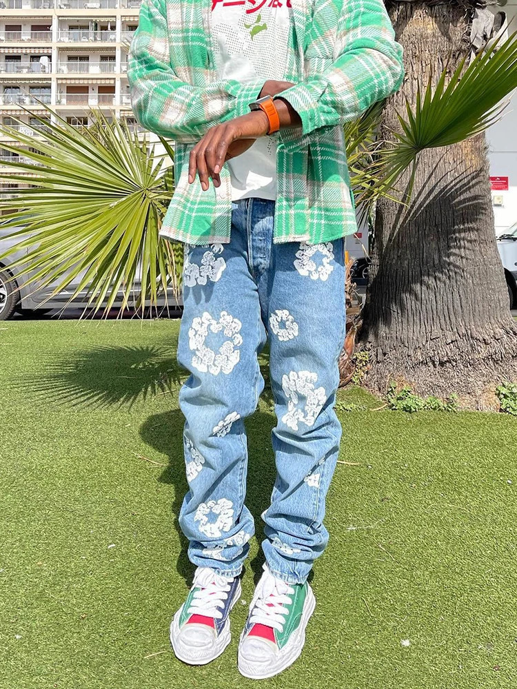 Men's Jeans Arrival Loose Straight Comfy Cotton Denim Pants Trousers Y2K Clothes Streetwear Casual Fashion Flowers Printed Jeans For Men 231026