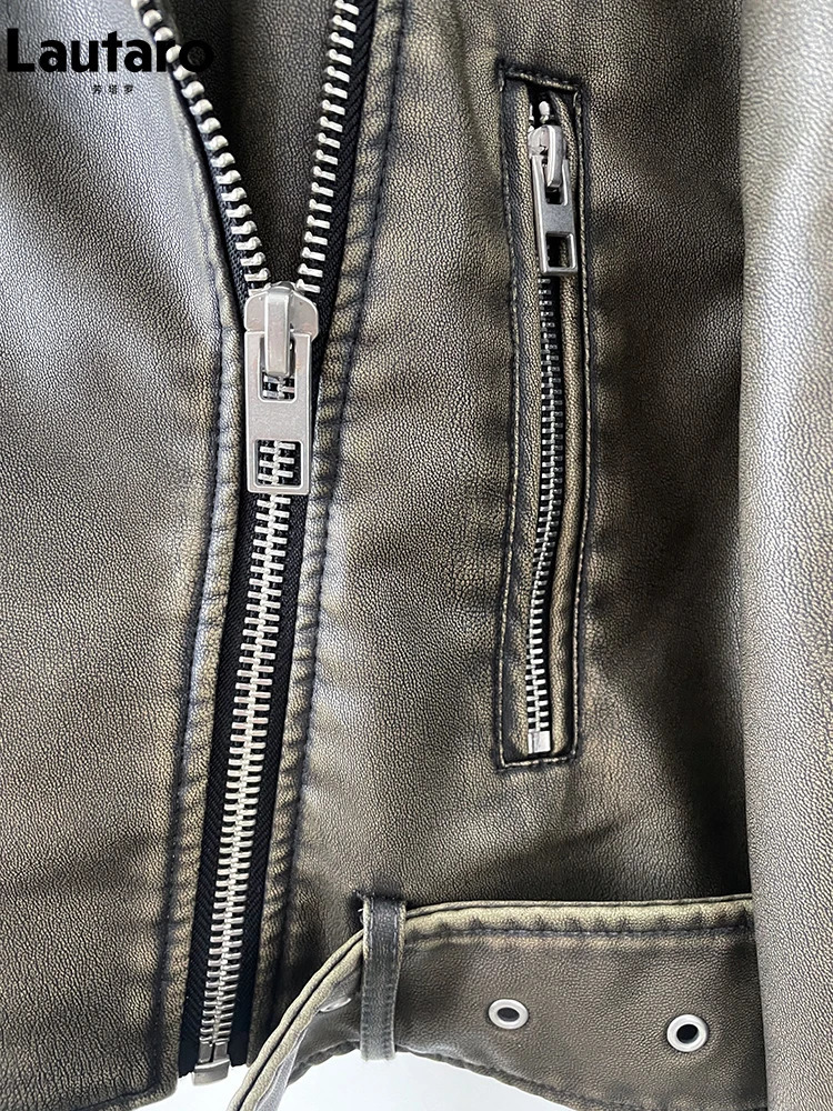 Women's Leather Faux Leather Lautaro Spring Autumn Cool Short Loose Pu Leather Biker Jacket Women Zipper Blet Retro Female European Fashion Stree