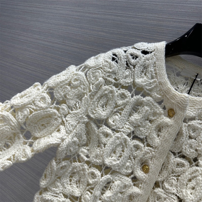 2023 Off White ce Heavy Industry Hook Flower Hollow Knitted Cardigan Small Fragrancec C oat Women
