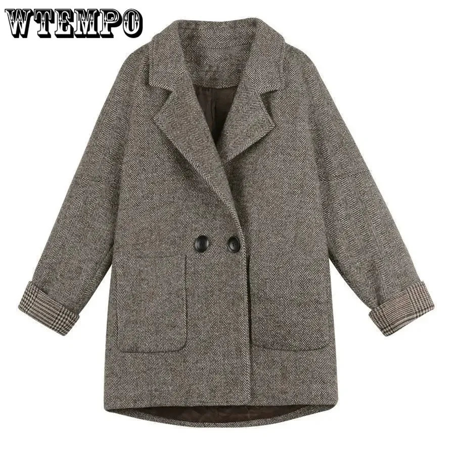 Women's Wool Blends Woolen Suit Coat Women's Korean British Style Loose and Thin Coat Autumn and Winter Casual Single Button Tweed Trench Bl