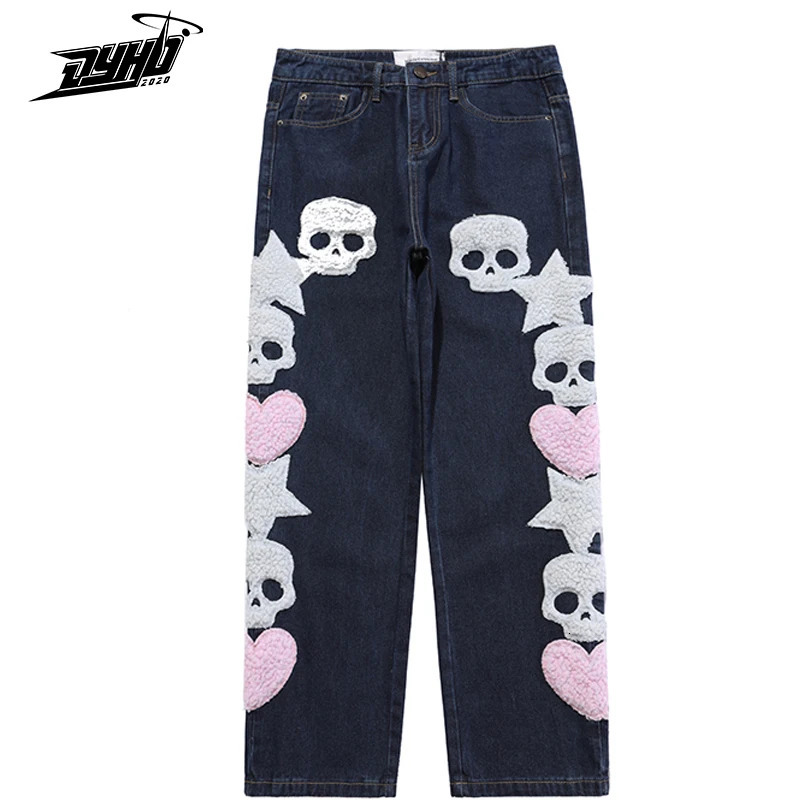 Men's Jeans Vintage Pocket Skull Embroidery Straight Cargo Pants Men And Women Oversize Jeans Trousers Harajuku Streetwear Denim Pants 231026