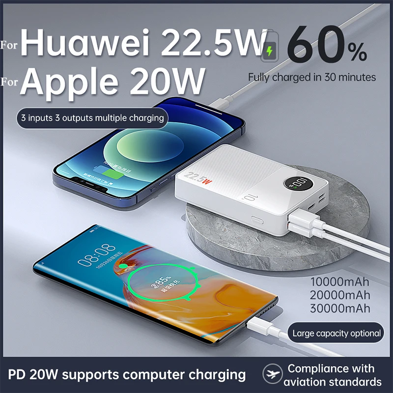 22.5W Fast Charging 30000mAh Power Bank Portable External Battery Charger for iPhone 13 Xiaomi Huawei PD20W Powerbank For Laptop