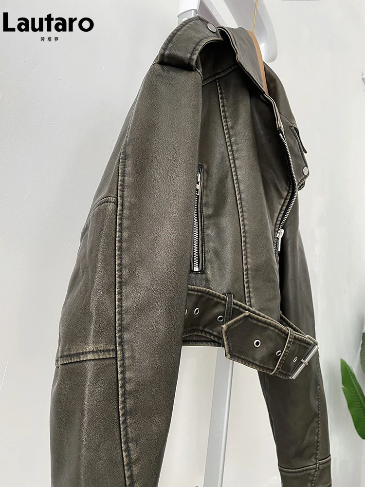 Women's Leather Faux Leather Lautaro Spring Autumn Cool Short Loose Pu Leather Biker Jacket Women Zipper Blet Retro Female European Fashion Stree