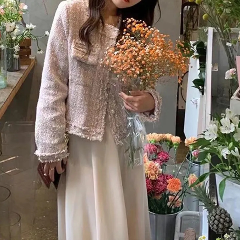 Women's Wool Blends HMA Fashion Korean Chic Vintage Tweed Woolen Jacket Coat Women Autumn Single Breasted Plaid Tassel Office Lady Outwear 231027