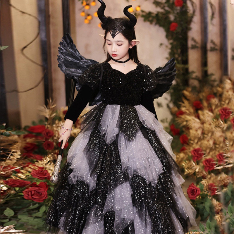 shiny Girls Pageant Dress Ball Gown Ruffled Flower Girls Birthday Party Dresses Halloween children dress cosplay little devil girl kindergarten perfor