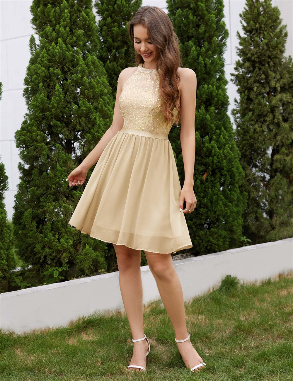 Homecoming Dresses Princess Sequins Jewel Chiffon Mini A-Line Cocktail Formal Occasion Birthday Prom Graudation Cocktail Party Gowns H001