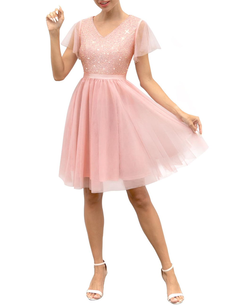 Homecoming Dresses Princess V-Neck Sequins Tulle A-Line Cocktail Formal Occasion Birthday Prom Graudation Cocktail Party Gowns H003