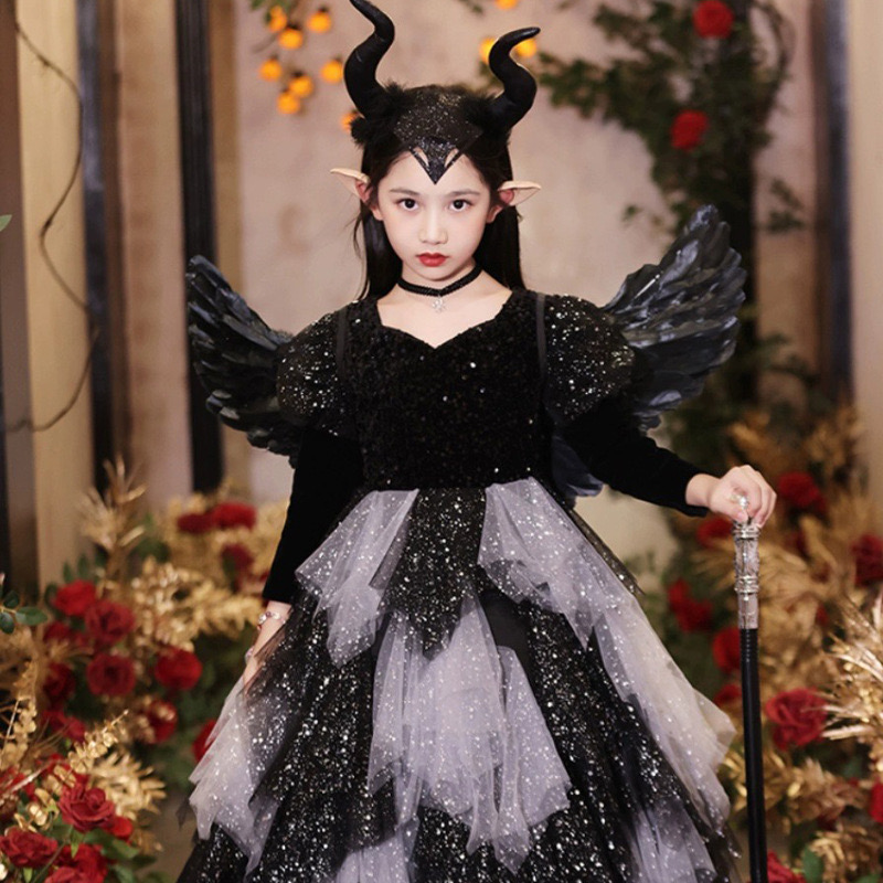 shiny Girls Pageant Dress Ball Gown Ruffled Flower Girls Birthday Party Dresses Halloween children dress cosplay little devil girl kindergarten perfor