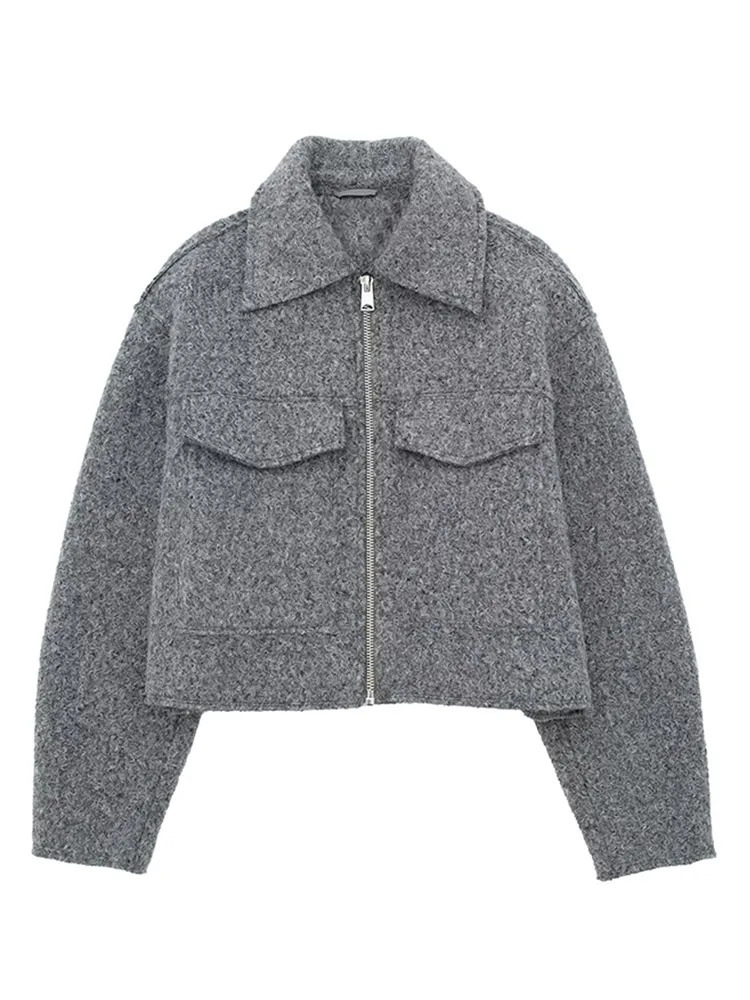 Women's Jackets Fashion Solid Turndown Collar Cropped Coats For Women 2023 Autumn Warm Outerwear Zipper Long Sleeve Pockets Female 231027