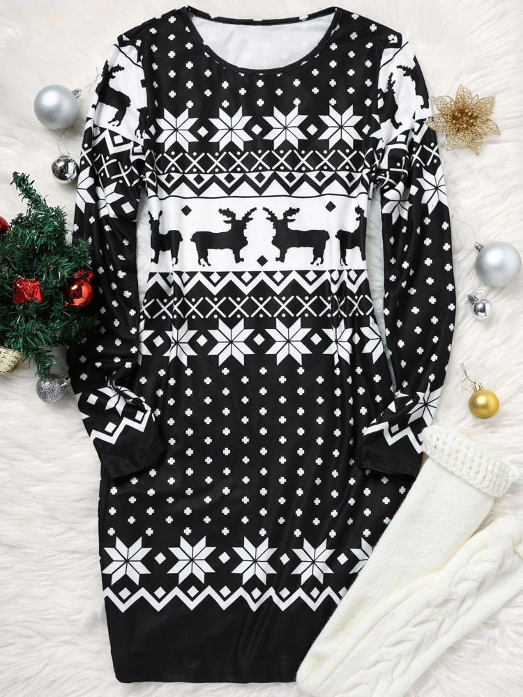 Urban Sexy Dresses Women Ugly Christmas Dresses Reindeer Snowflake Bodycon Pullover Cocktail Sweatshirt Dress Holiday Outfits Knit Long Sleeve 231027