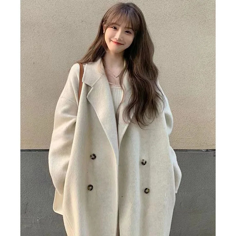 Women's Wool Blends Warm Mid Length Loose Blend Coat Korean Women Thick Overcoat Fall Winter Solid Double Breasted Parkas Jaqueta 231027