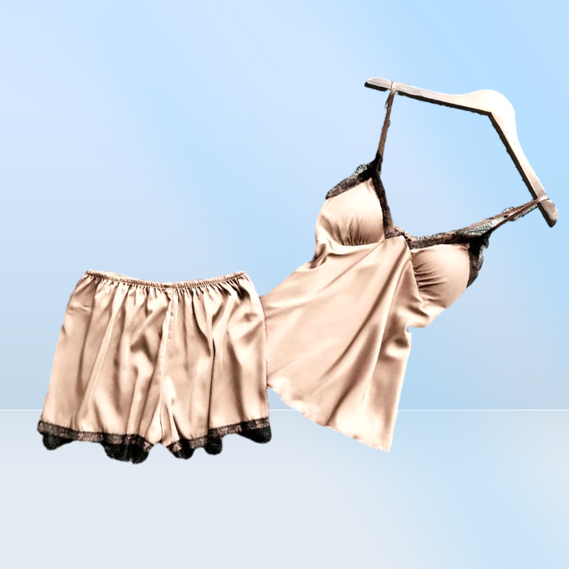 Women Pajamas Sets Satin Sleepwear Silk 4 Pieces Nightwear Pyjama Spaghetti Strap Lace Sleep Lounge Pijama With Chest Pads
