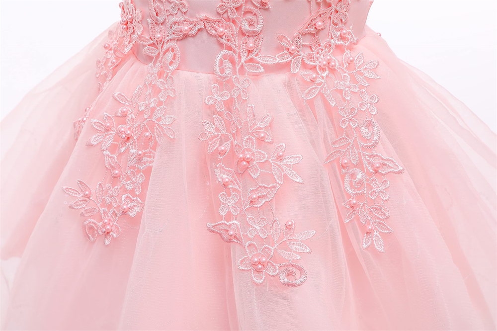 Pretty Princess Girl Dresses Short Hi-Lo Pink Sequins Beading Appliques Bow Ball Gown Tulle Girls Pageant Gown Communion For Wedding Formal Party F10