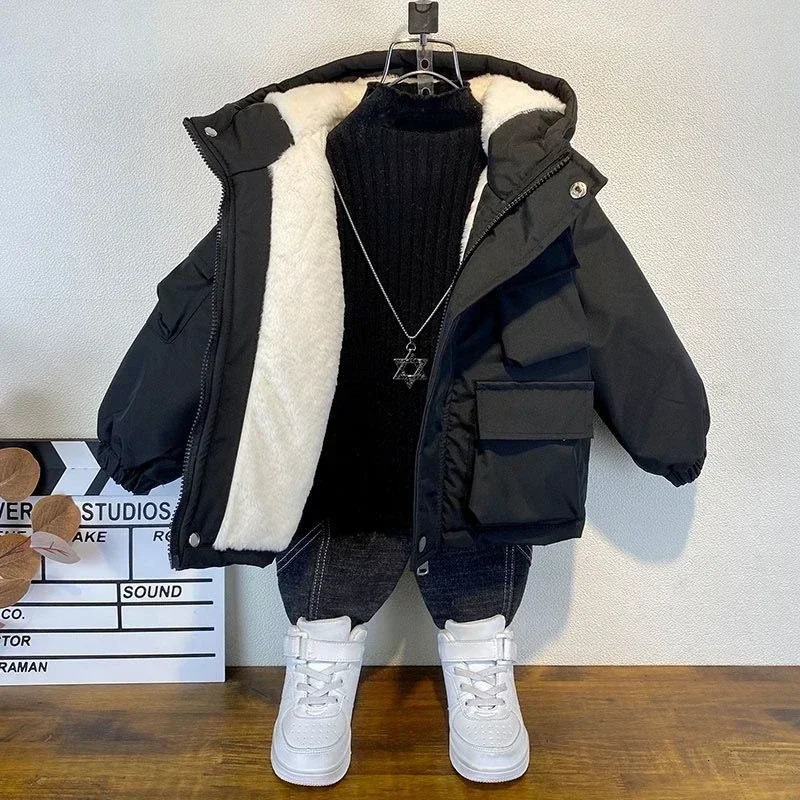 Down Coat 2023 Winter Boys Jacket Splicing Thicken Keep Warm Hooded Cold Protection Windbreake for 3 10 Years Old Kids 231027
