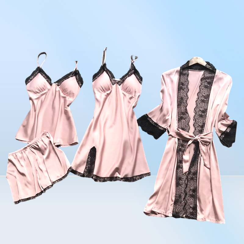 Women Pajamas Sets Satin Sleepwear Silk 4 Pieces Nightwear Pyjama Spaghetti Strap Lace Sleep Lounge Pijama With Chest Pads