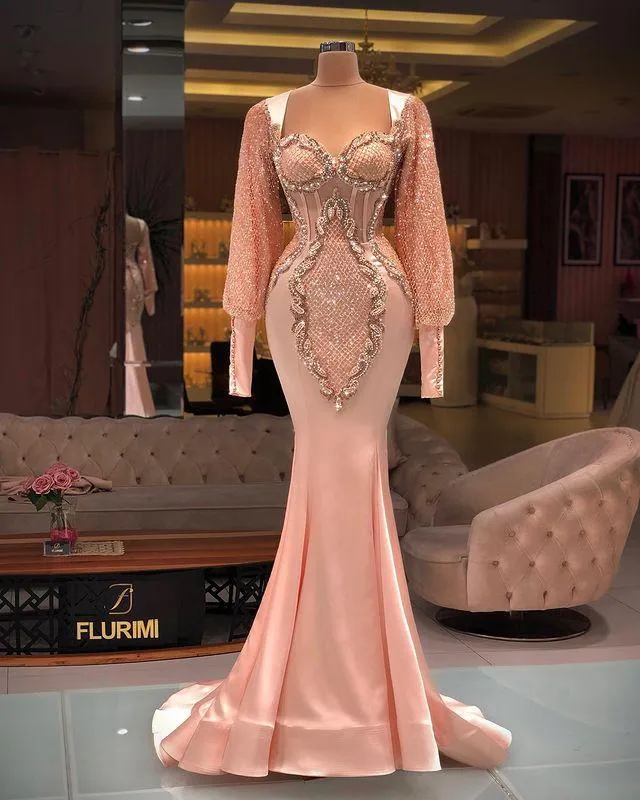 Arabic Aso Ebi Luxurious Mermaid Sexy Prom Dresses Peach Pink Lace Beaded Long Sleeves Evening Formal Party Second Reception Gowns Dress