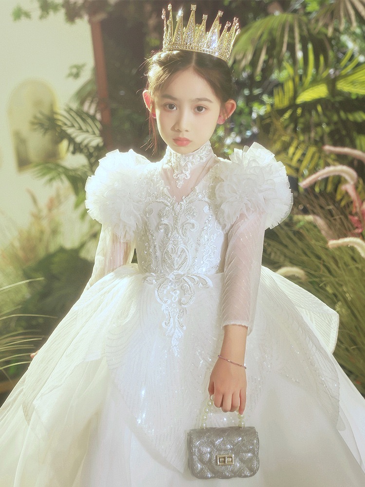 White Princess Flower Girl Dresses Birthday High Neck Hand Made Beaded Crystal Shiny Flowers Little Girls Wedding Dress Communion Pageant Gowns Tulle 