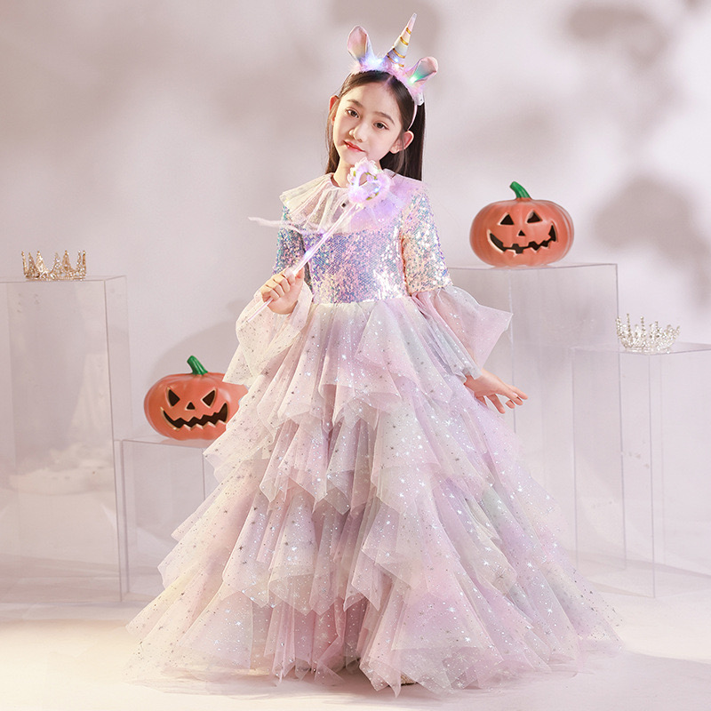 2023 Girls Pageant Dress Ball Gown Ruffled Flower Girls Birthday Party Dresses Halloween children dress cosplay shiny angel girl kindergarten performa