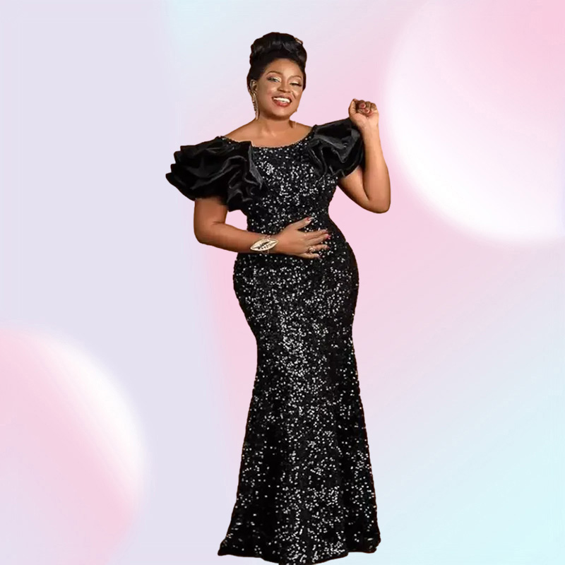 Black Sequins Mermaid Prom Party Dresses For Arabic Aso Ebi Style Off Shoulder Plus Size Sweep Train Evening Occasion Gowns V