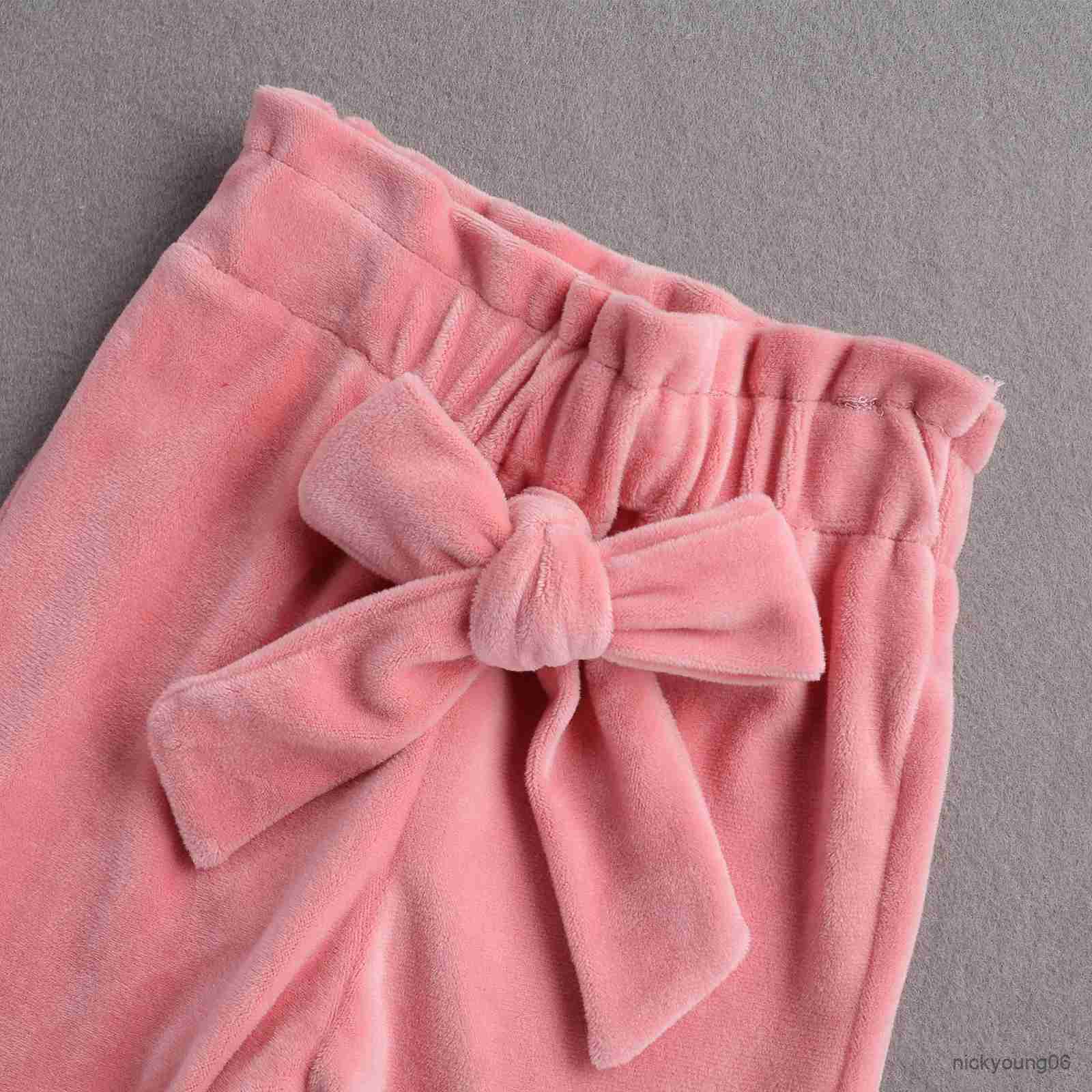 Clothing Sets Winter Warm Baby Girls Smooth Velvet Outfits Sets Round Neck Ruffle Top Elastic Waist Bowknot Pant 2pcs Kid Clothes R231028