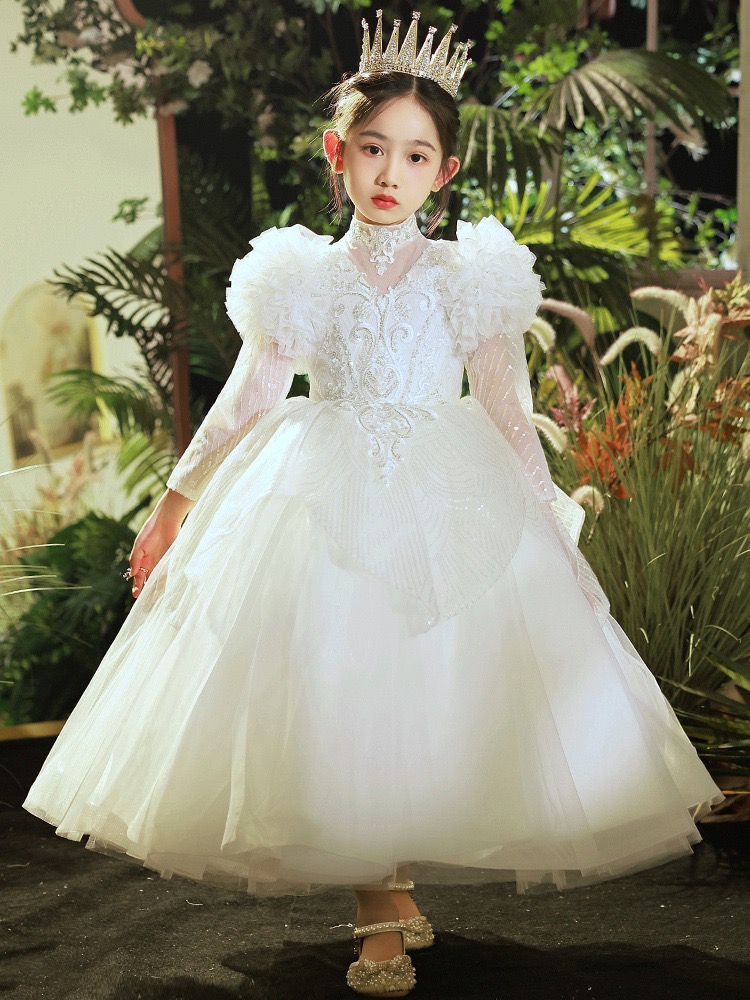White Princess Flower Girl Dresses Birthday High Neck Hand Made Beaded Crystal Shiny Flowers Little Girls Wedding Dress Communion Pageant Gowns Tulle 