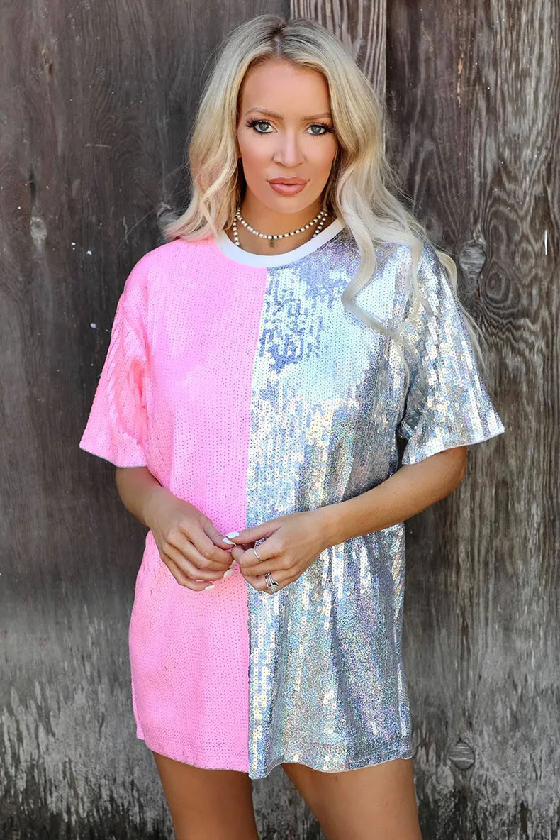 Urban Sexy Dresses Summer Half Sleeve Baggy Sequin Patchwork T Shirt Dress Casual Loose Mini Night Dress 231027