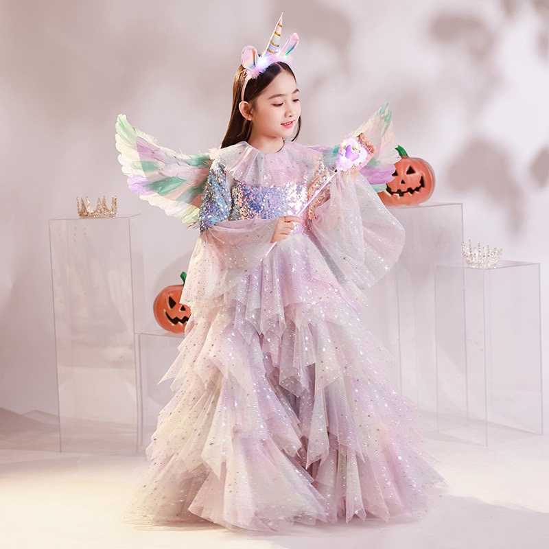 2023 Girls Pageant Dress Ball Gown Ruffled Flower Girls Birthday Party Dresses Halloween children dress cosplay shiny angel girl kindergarten performa