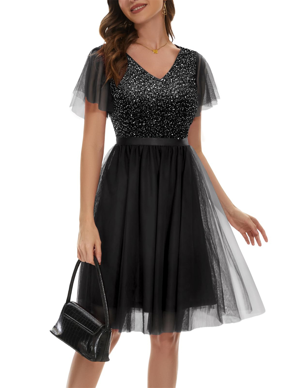 Homecoming Dresses Princess V-Neck Sequins Tulle A-Line Cocktail Formal Occasion Birthday Prom Graudation Cocktail Party Gowns H003
