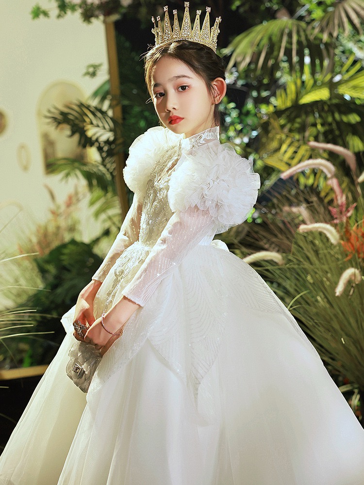 White Princess Flower Girl Dresses Birthday High Neck Hand Made Beaded Crystal Shiny Flowers Little Girls Wedding Dress Communion Pageant Gowns Tulle 