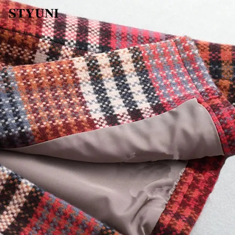 Women's Wool Blends Red Plaid Vintage Thick Woolen Long Sleeve High Waist With Belt Jacket Korean Fashion Coat Winter 2023 231027