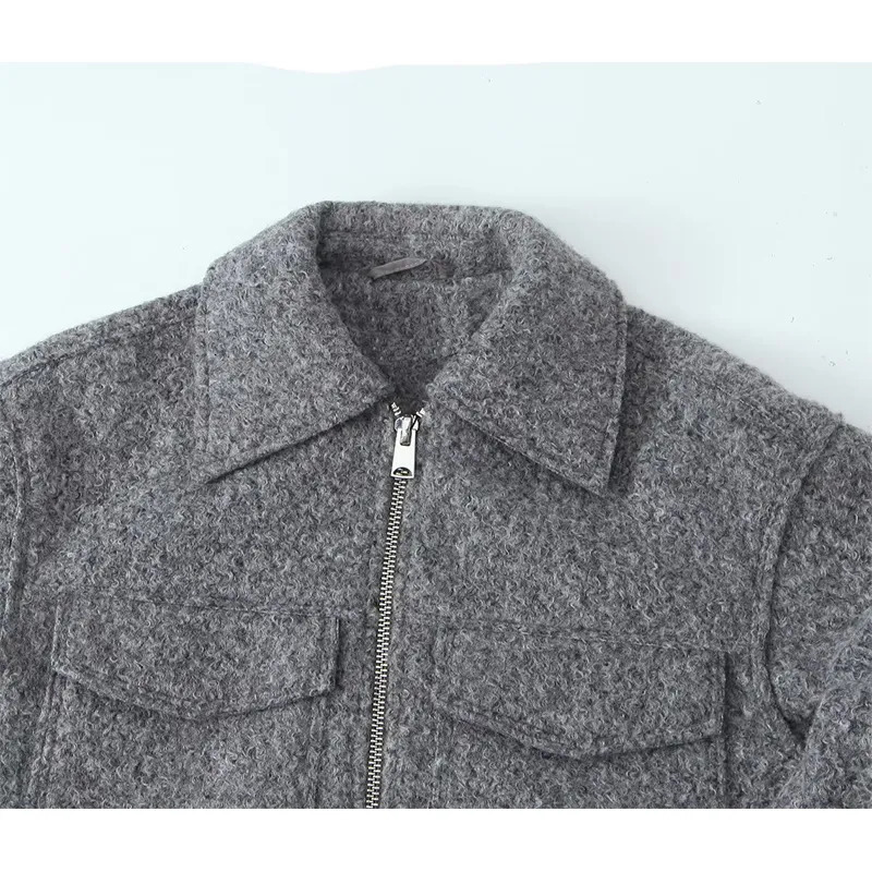 Women's Wool Blends YENKYE Vintage Women Gray Cropped Woolen Jacket Long Sleeve Pockets Female Autumn Winter Short Coat 231027