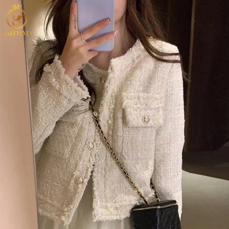 Women's Wool Blends HMA Fashion Korean Chic Vintage Tweed Woolen Jacket Coat Women Autumn Single Breasted Plaid Tassel Office Lady Outwear 231027