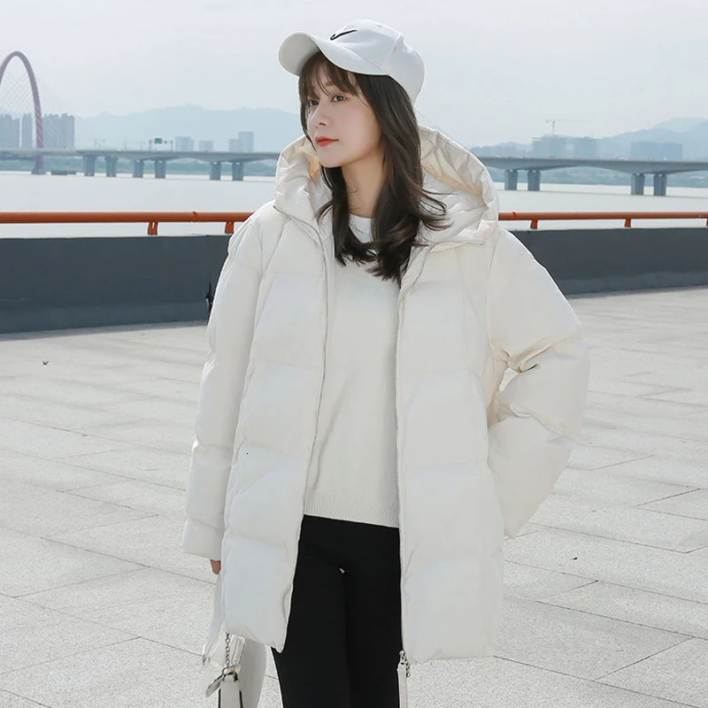 Womens Down Parkas Winter Style Puffer Jackets Women White Zipper Long Down Jacket Woman Korean Loose Hooded Bubble Coats Female 231027