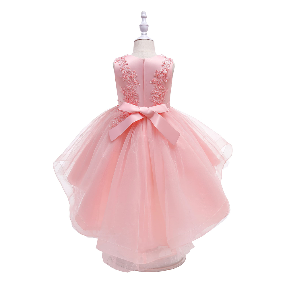 Pretty Princess Girl Dresses Short Hi-Lo Pink Sequins Beading Appliques Bow Ball Gown Tulle Girls Pageant Gown Communion For Wedding Formal Party F10