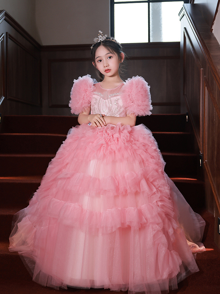 Tulle Ball Gown Toddler Flower Girl Layered Ruffles Piping Shiny Little Glitz Girls Pageant Teens Princess Dresses Organza Birthday Party Dress 403