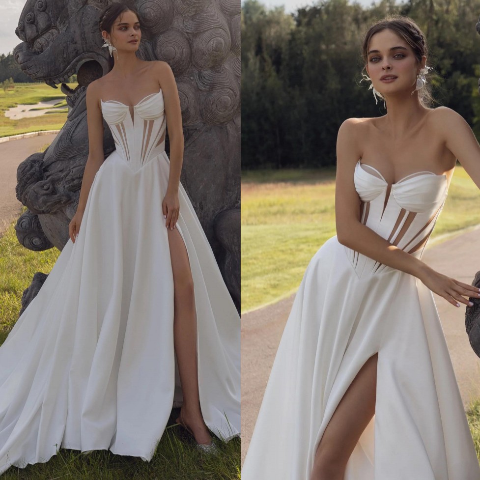 Stunning Side Split Wedding Dresses Strapless Neck Bridal Gowns A Line Satin Sweep Train Vestido De Novia
