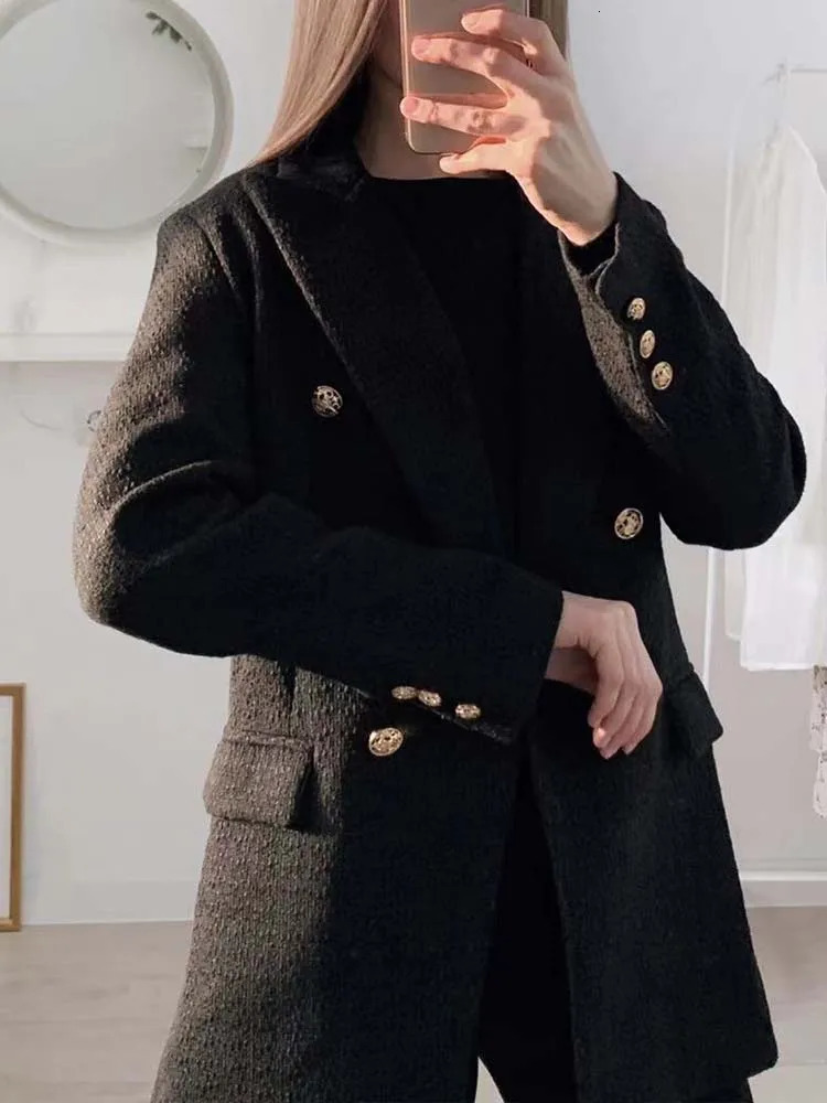 Women's Suits Blazers Blazer Women Traf Fashion Metal Double Breasted Woollen Blazers Coat Vintage Long Sleeve Female Outerwear Chic Tops 231027