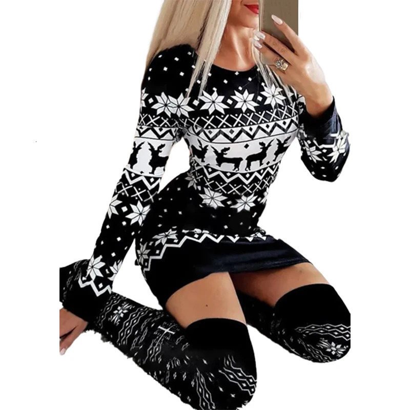 Urban Sexy Dresses Women Ugly Christmas Dresses Reindeer Snowflake Bodycon Pullover Cocktail Sweatshirt Dress Holiday Outfits Knit Long Sleeve 231027