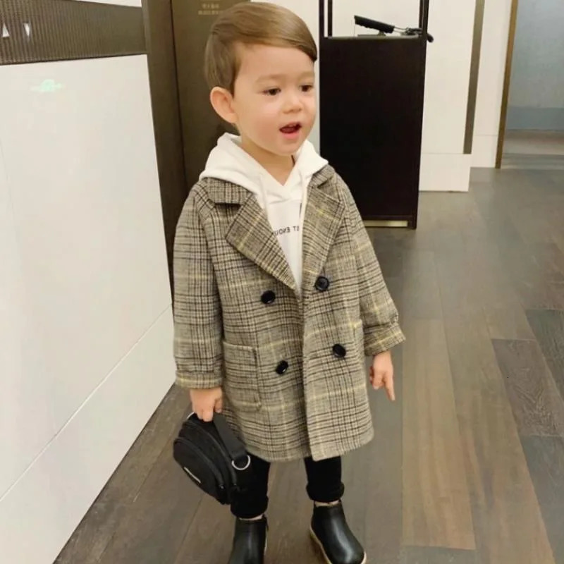 Jackets Spring Autumn 2023 Boys Child Girl Woolen Doublebreasted Baby Trench Coat Lapel Kids Outerwear Winter Wool Overcoat 231027