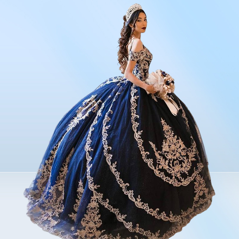 Sexy Navy Blue Bling Quinceanera Dresses Ball Gown Off Shoulder Gold Embroidery Lace Crystal Beads Sequined Sweet 16 Vestido