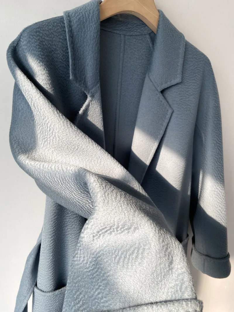 Women's Wool Blends Korean Women Handmade Hepburn Corrugated Water Ripples Coat Double-sided Cashmere Wool Long Woolen Jacket Cashmere Coat Max 2